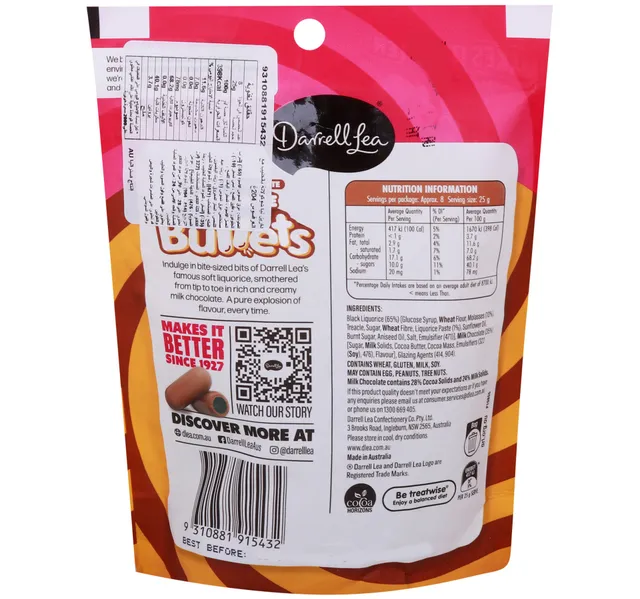 Darrell Lea Real Milk Chocolate Liquorice Bullets 204 G