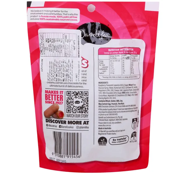 Darrell Lea Real Milk Chocolate Raspberry Bullets 204 G