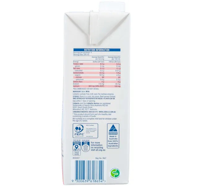 Liddles Lactose Free Uht Skimmed Milk 1 Litre