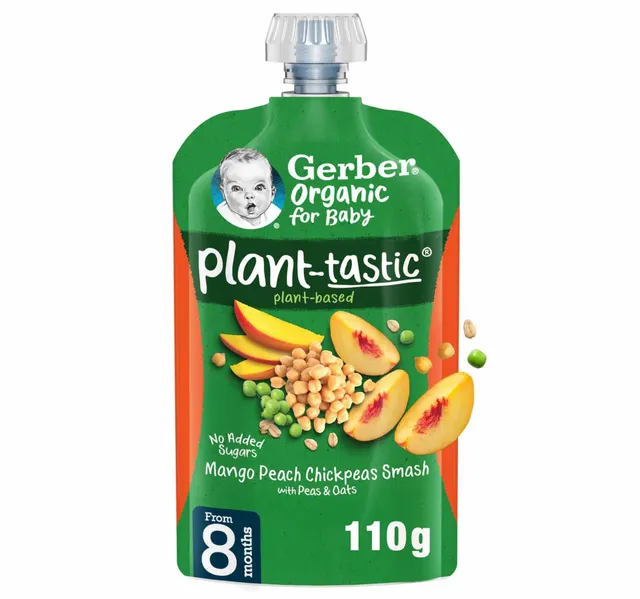 Gerber Organic for Baby Mango, Peach, Chickpeas Smash with Peas & Oats from 8 Months 110 g