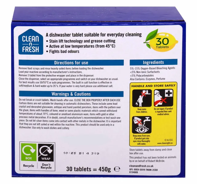 Clean N Fresh Lemon Dishwasher Tablets 30 Pcs 450 G