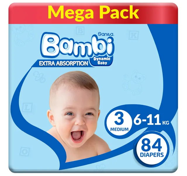 Sanita Bambi Extra Absorption Baby Diapers Size 3 Medium 6 11kg 84 Pcs