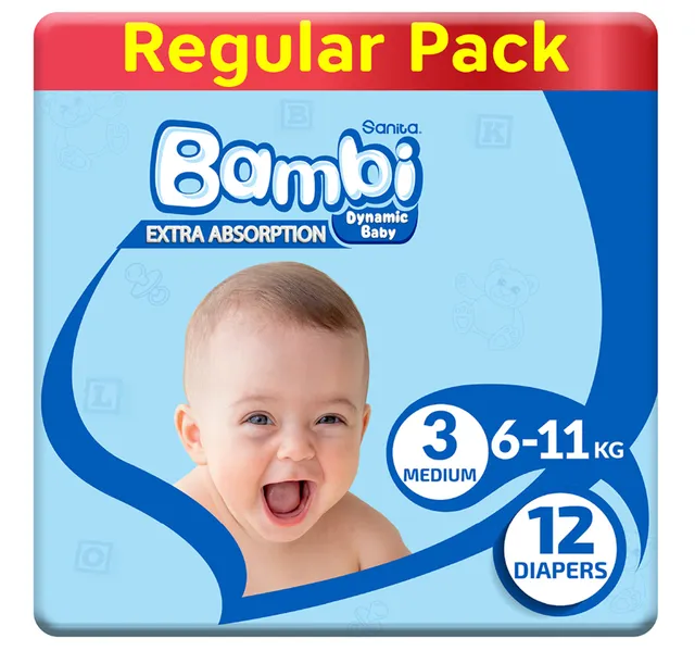 Sanita Bambi Extra Absorption Baby Diapers Size 3 Medium 6 11kg 12 Pcs