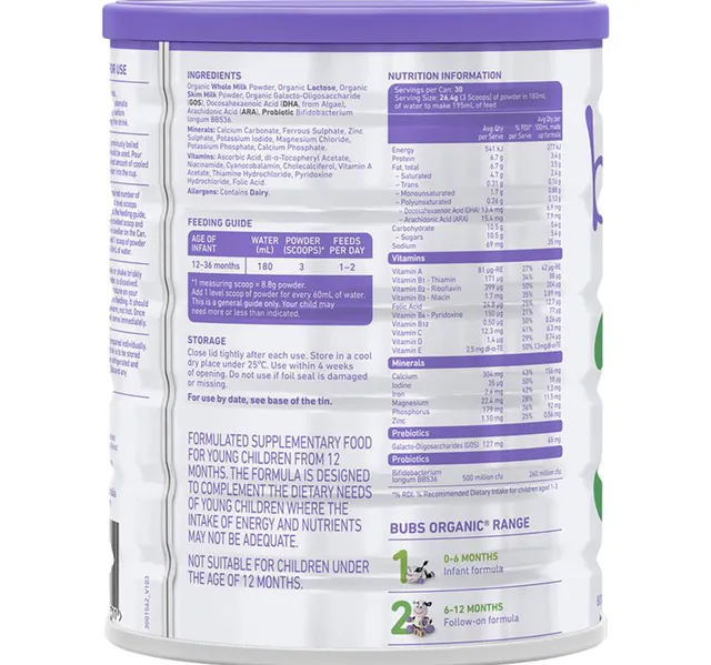 Bubs Organic Grass Fed Toddler Milk Stage 3 From 12 36 Months 800 G