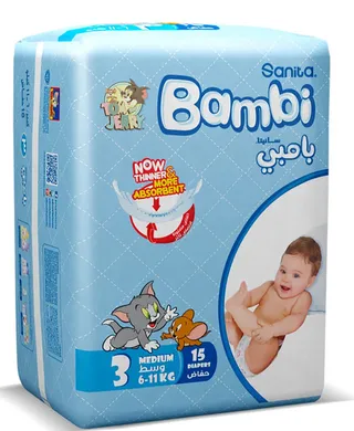 سانيتا بامبي حفاضات المرحلة 3 (5-9 كجم) 15 حفاضة