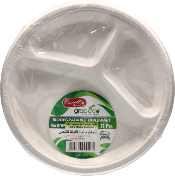 Excell Biodegradable 3 Division Plate 25's