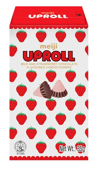 Meiji Uproll Milk And Strawberry Chocolate 35G