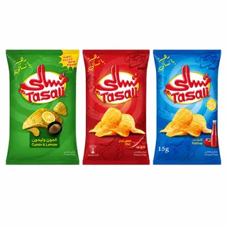 تسالي شيبس بطاطس كاتشب + فلفل حار + كمون وليمون 3X155 جم