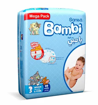 Sanita Bambi Stage 3 (6-11Kg) Medium Diapers 92Pcs