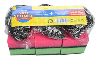 City Promo Combo Pack of Sponge 6Pcs + 3Pcs Stainless Steel Scrubber