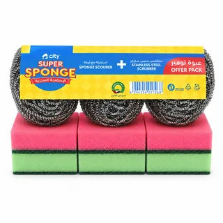 City Promo Combo Pack of Sponge 6Pcs + 3Pcs Stainless Steel Scrubber