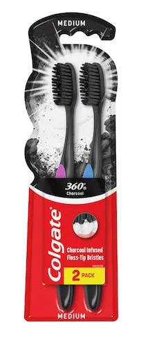 Colgate 360 Medium Charcoal Toothbrush 2Pcs