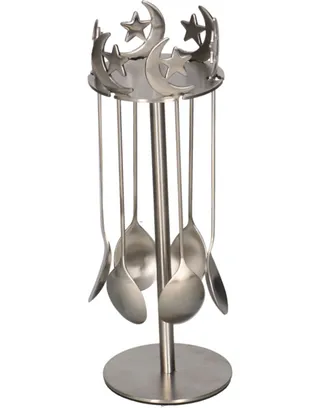 Into Home Arabesque Silver Stainless Steel Spoon & Stand Set 6Pcs