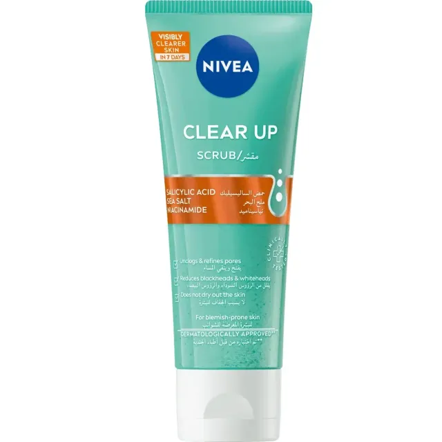 مقشر الوجه Nivea Clear Up Daily Face Scrub للبشرة المعرضة لحب الشباب، ملح البحر الساليسيليك وحمض الهيالورونيك 75 مل