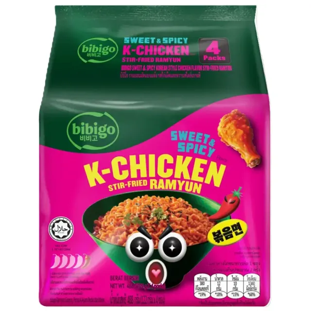 Bibigo Stir Fried Ramyun K-Chicken Sweet & Spicy 122gx4 Pieces