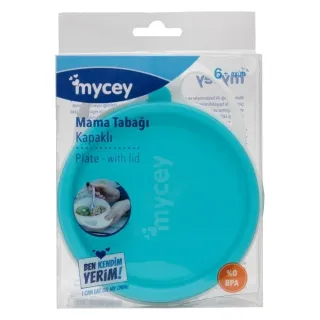 Mycey Baby Plate Blue & White with Handle & Lid BPA-Free 1 Piece