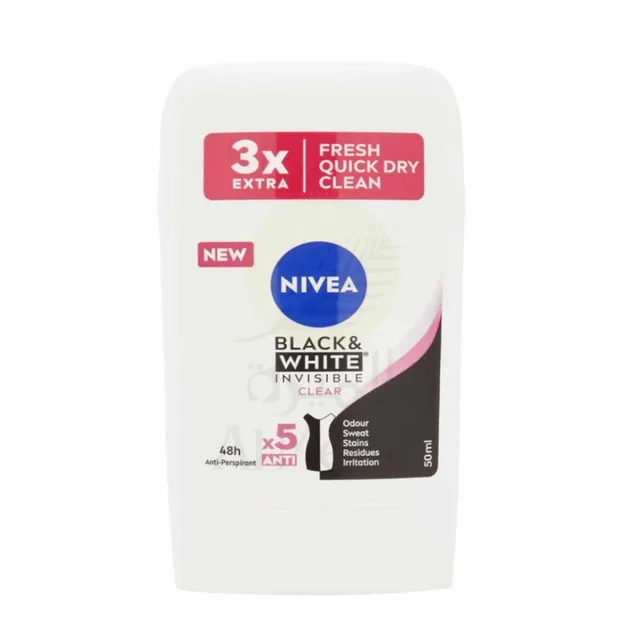 عصا مزيل عرق Nivea الأسود والأبيض غير المرئي لمنتجات WoMen Clear 72H Active Protection 5IN1 مضادة للرائحة، بقع عرق وبقايا وتهيج 50 مل