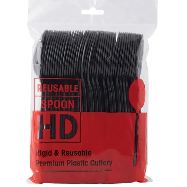 Resuable Spoon HD Rigid & Reusable Premium Plastic Cutlery Black 50 Pieces