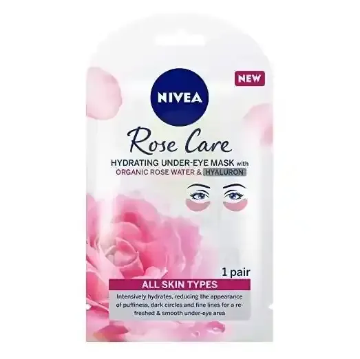 Nivea Rose Care Hydrating Under-Eye Mask with Organic Rose Water & Hyaluron Reduces Puffiness and Dark Circles 1 Pair