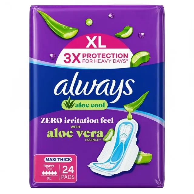 Always Aloe Cool Maxi Thick Sanitary Pads With Aloe Vera Essence XL For Heavy Days 24 Pieces