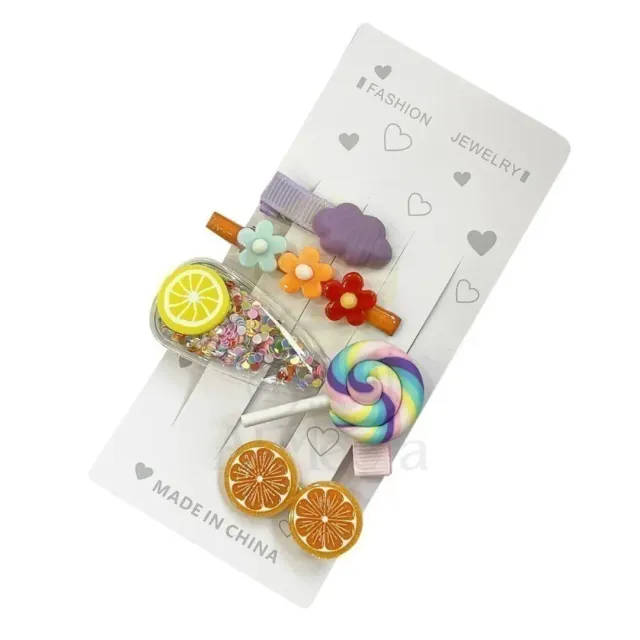 Sara Pink Butterfly Rainbow Lollipop & Cloud Design Hair Clip Set