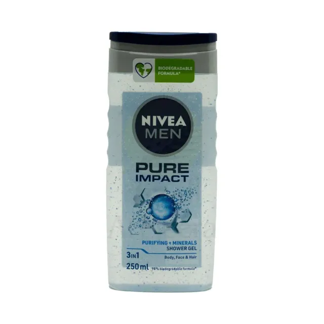 جل الاستحمام Nivea Men Pure Impact 3in1 ينظف الجسم والوجه والشعر باستخدام جزيئات منقية، تنظيف عميق لإحساس منعش لجميع أنواع البشرة 250 مل
