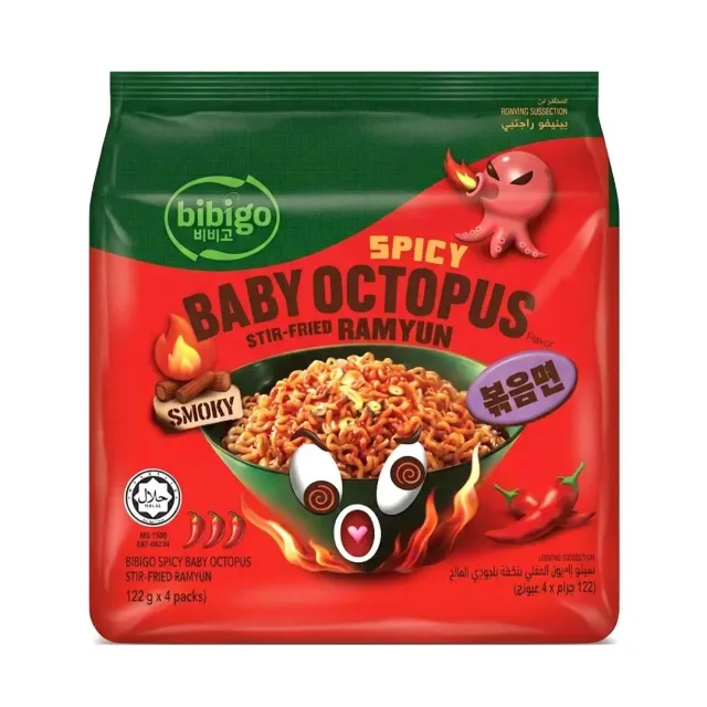 Bibigo Spicy Baby Octopus Flavour Stir Fried Ramyun Noodles 122gx4 Pieces