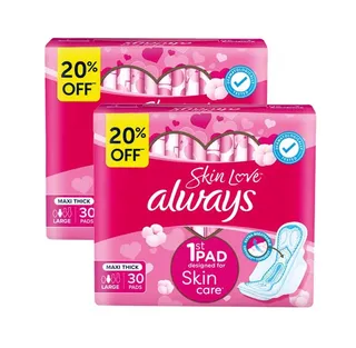 ALWAYS SANITARY PADS MAXI THICK LARGE W/ WINGS 2X30PADS
