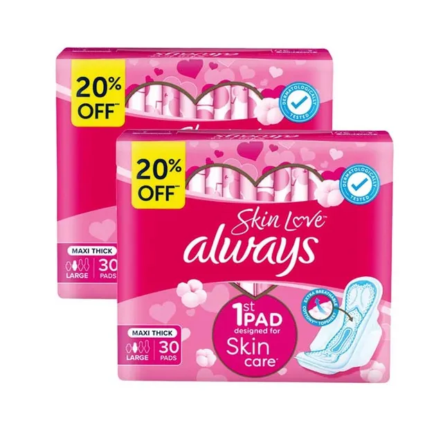 ALWAYS SANITARY PADS MAXI THICK LARGE W/ WINGS 2X30PADS