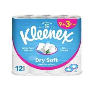 Kleenex Dry Soft Toilet Tissue Paper 2 PLY 12 Rolls x 200 Sheets Embossed Bathroom Tissue with a Touch Of Cotton