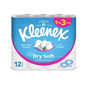 Kleenex Dry Soft Toilet Tissue Paper 2 PLY 12 Rolls x 200 Sheets Embossed Bathroom Tissue with a Touch Of Cotton