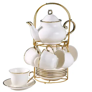 Teapot Set With Cups & Plates Gold (6 Cups)