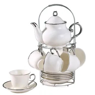 Teapot Set With Cups & Plates Silver (6 Cups)