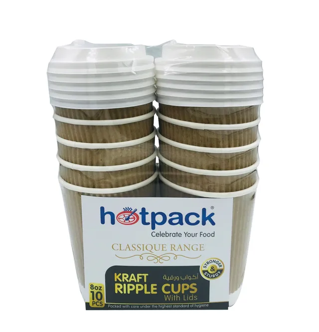 هوت باك كوب ورقي مضلع 8oz + أغطية بيضاء 10 قطع