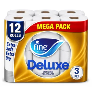 Fine Deluxe Toilet Paper 3ply 12 Rolls, 140 Sheets