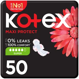 Kotex Maxi Protect Super Pads for Heavy Flow with Wings, 50 Pieces