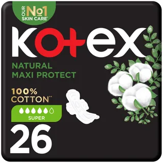 Kotex Hypoallergenic Super Maxi Protect Natural Cotton Sanitary Pads with Wings, 26 Pieces