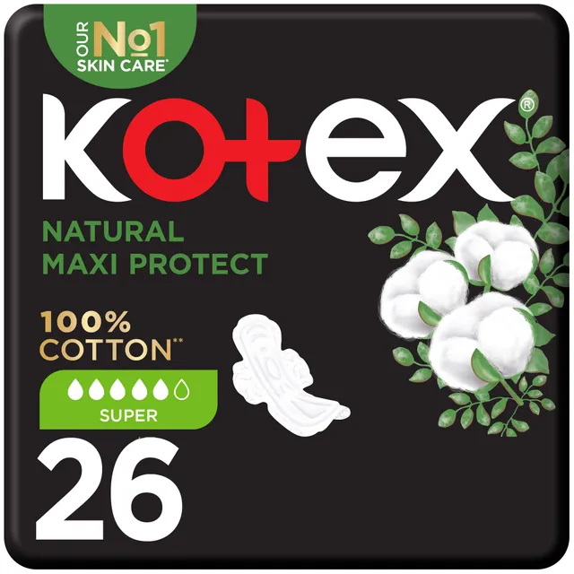 Kotex Hypoallergenic Super Maxi Protect Natural Cotton Sanitary Pads with Wings, 26 Pieces