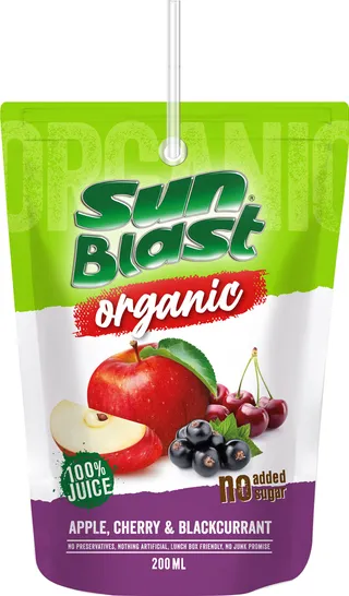 Sun Blast 100% Organic No Added Sugar Apple-Cherry-Blackcurrant Juice 200 ml