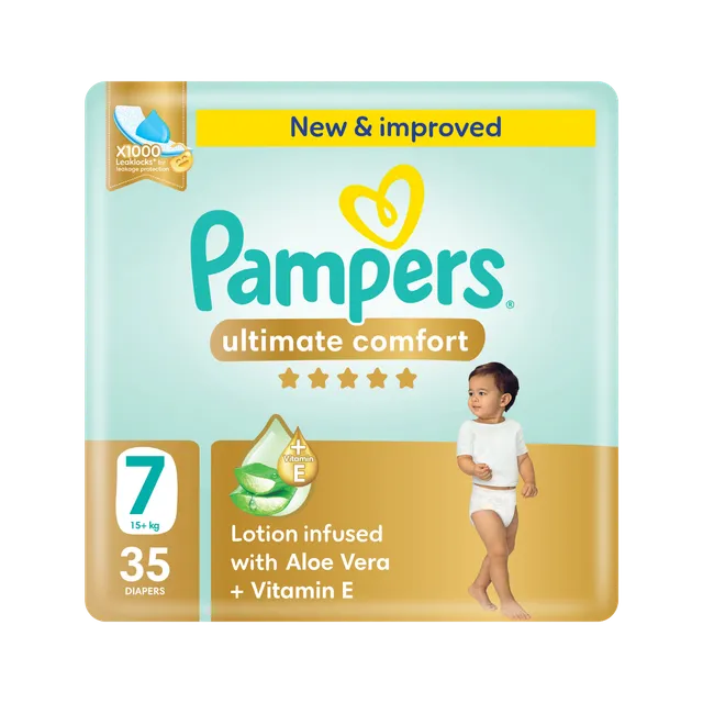 Pampers Ultimate Comfort Taped Diapers with Aloe Vera Lotion & Vitamin E, Size 7 (15+ kg), 35 Pieces