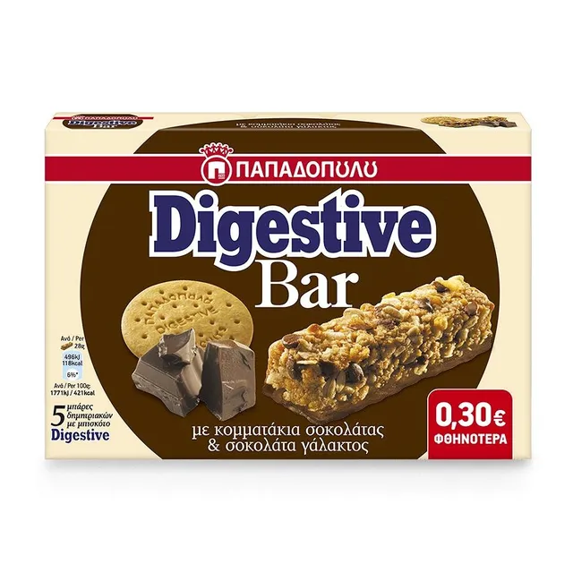 Papadopoulos Digestive Bar Choc Chips & Choc Mp 5X28g