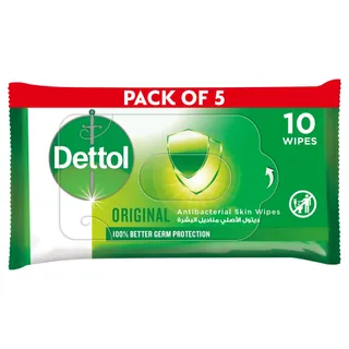 Dettol Antibacterial Skin Wipes Original 10 Sheets Pack of 5 pcs