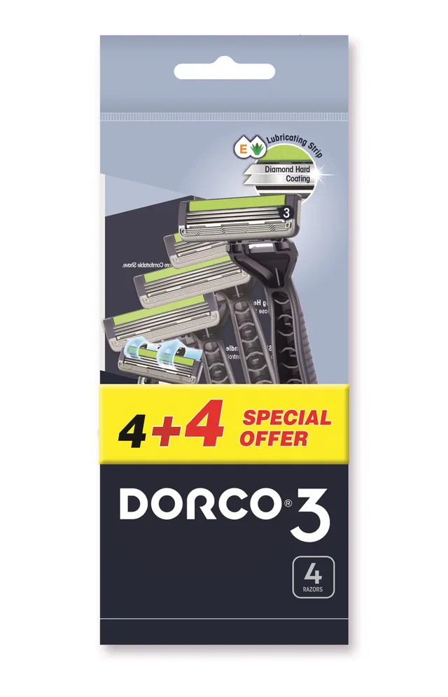 Dorco PACE3 Plus Men Disposable Razors, 4+4 Pieces