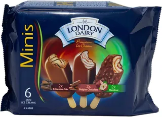 London Dairy Minis Caramel Trio + Belgian Chocolate + Hazelnut Ice Cream Stick Multipack, 6x60ml