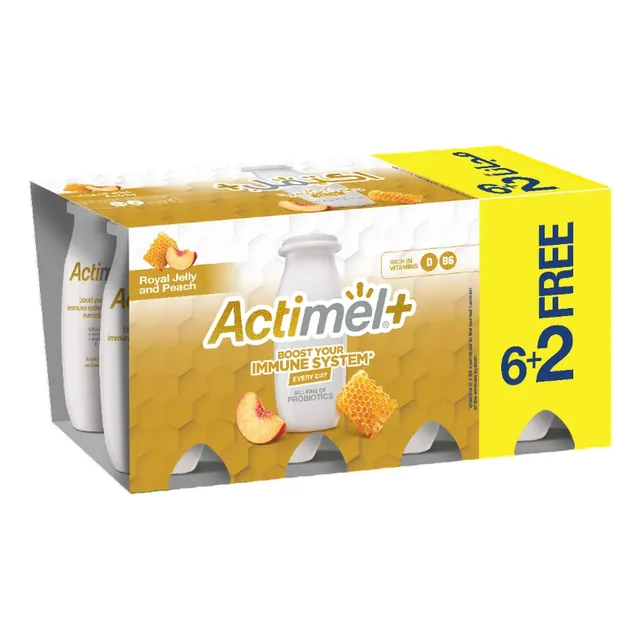 Actimel+ Royal Jelly & Peach Probiotics Dairy Drink, 8x93ml