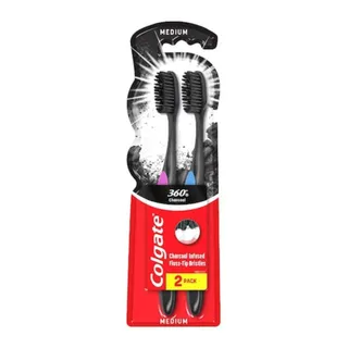 Colgate 360 Black Charcoal Medium Toothbrush, 2 Pieces