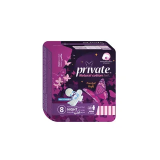 Private Natural Cotton Feel Night Pads with Wings, 8 Pieces