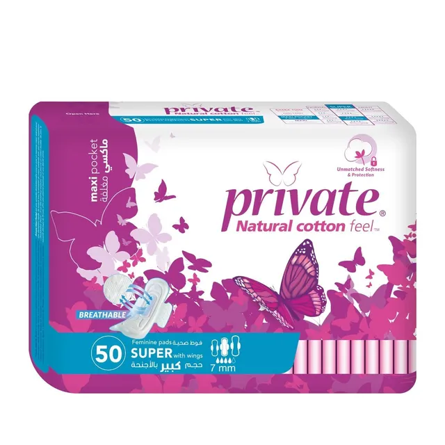 Private Natural Cotton Feel Super Pads with Wings