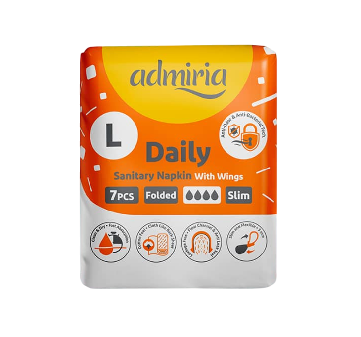 Admiria Daily Slim Sanitary Napkin with Wings, Large, 7 Pieces