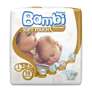 Sanita Bambi Baby Diapers Regular Pack, Size 1, Newborn, 2-4kg, 19 Count